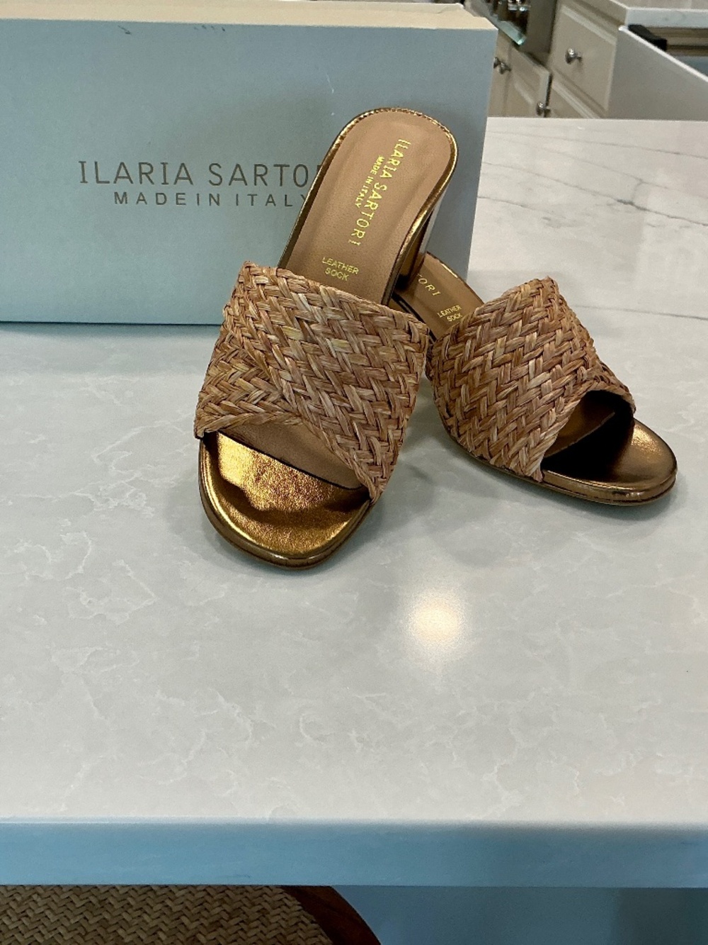 Gold and Tan Woven Slide Sandals